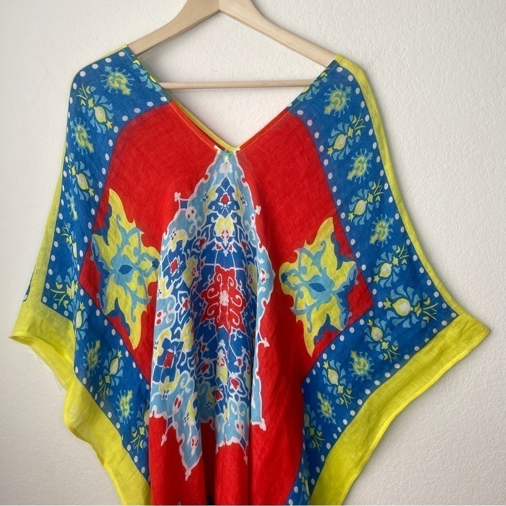 J. McLaughlin Yellow Blue Red Linen Blend Beach Cover Up Tunic Popover Kaftan - Picture 2 of 11